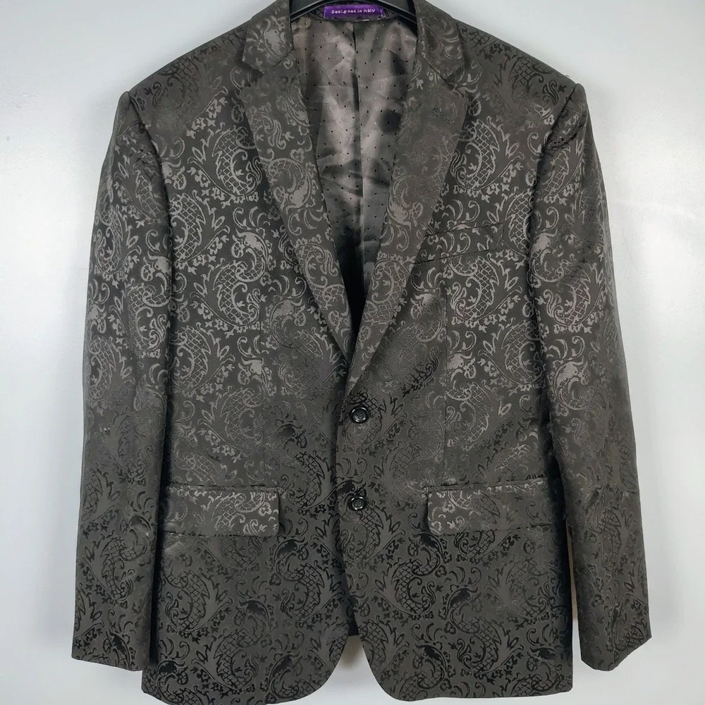 Vinci Mens SZ 40R Blazer Black Jacquard Paisley Dragon Regencycore Formal Jacket